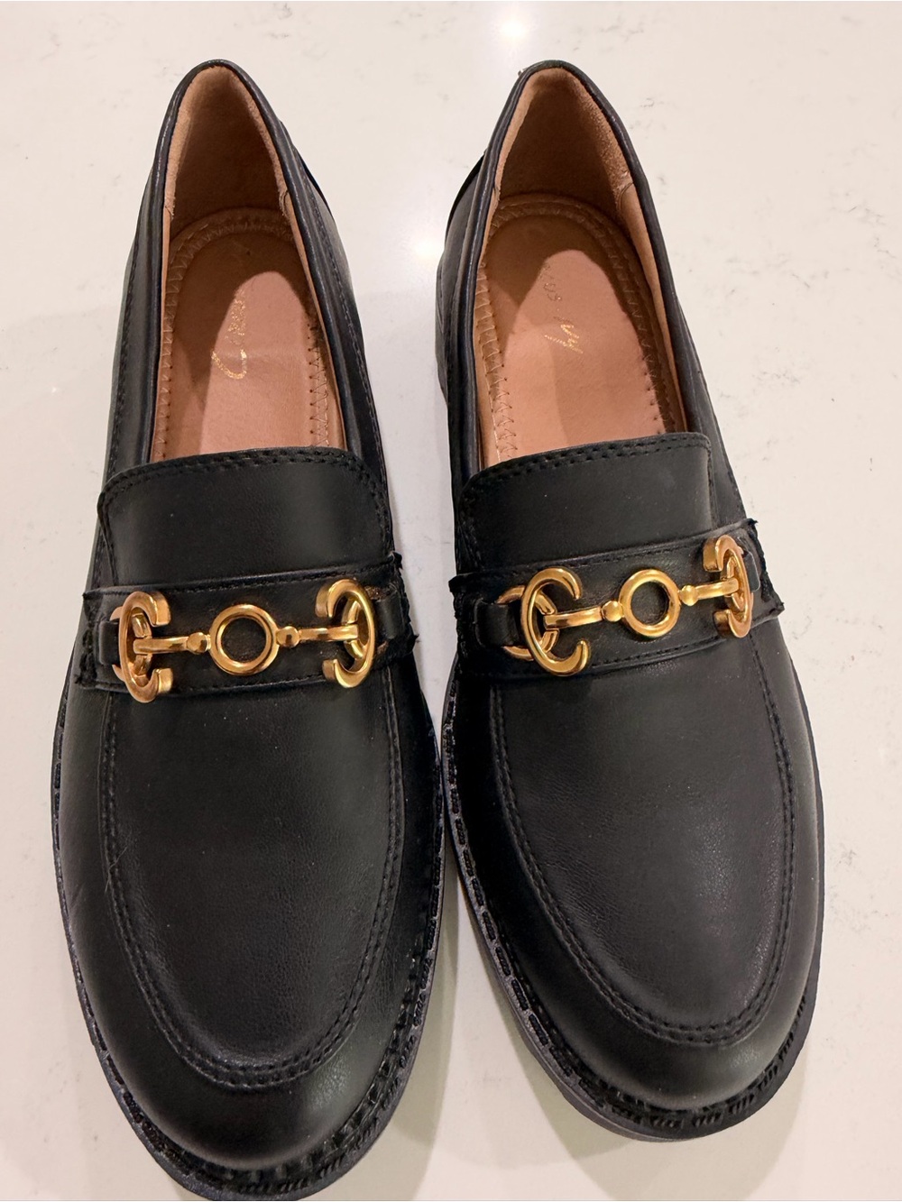 Circus by Sam Edelman black leather loafers with gold horsebit detail